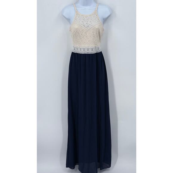 IZ Byer Women's Cream and Navy Long Lace Dress - Size S - Picture 1 of 9